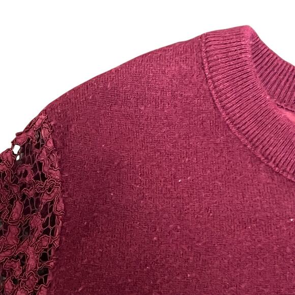 Tory Burch Maroon Dina Merino Wool Lace Sleeves Crew Neck Sweater L Peplum Back - Picture 4 of 11
